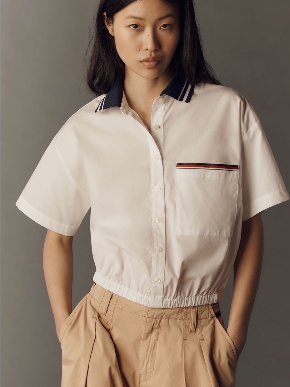 MAEVE 100% COTTON CROP BUBBLE HEM SHIRT